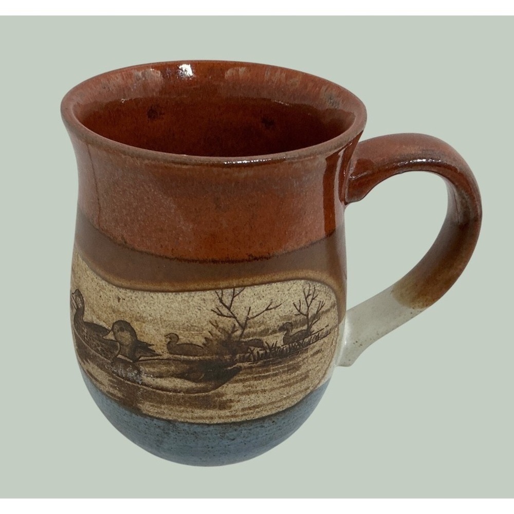 Vintage Stoneware Coffee Mug Duck Nature Scene Studio Pottery Rustic Blue Brown